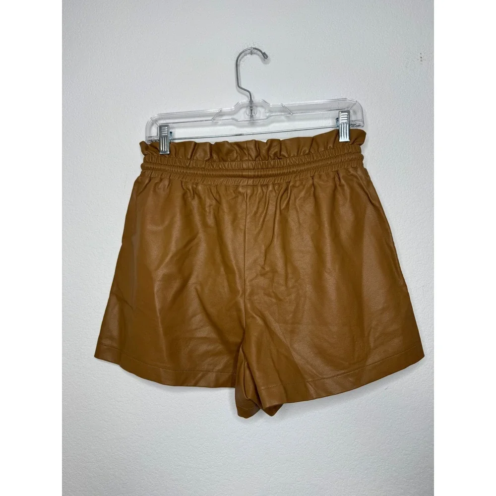 Olivaceous Brown Faux Leather Paperbag Waist Shorts Womens Size L Cognac Pockets